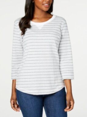 Karen Scott Women's Grey White Striped 3/4-Sleeve Sweatshirt PP